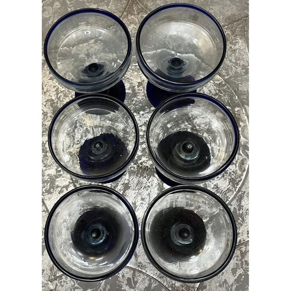 Vintage 80s Cobalt Blue‎ Margarita Glasses Stemmed Hand Blown Recycled Glass Lot